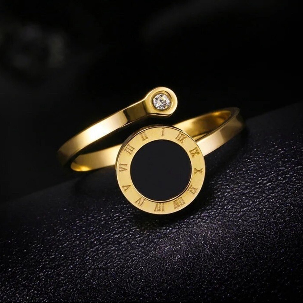 Gold Roman Numeral No Tarnish Bypass Adjustable Ring Black Inlay Crystal Accent